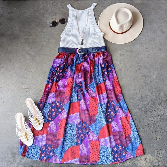 Vintage Dresses & Skirts - Vintage The Villager Belted Blue Purple Red Patchwork Satin Midi Skirt medium